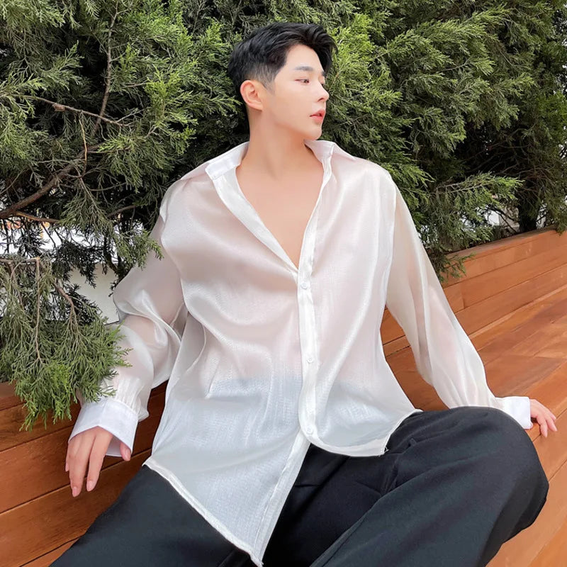 Men's Shirts Long Sleeve Design New Summer Smooth Loose Solid Color Trendy Casual Thin Male Shirt 2025 Korean Style 9W1546