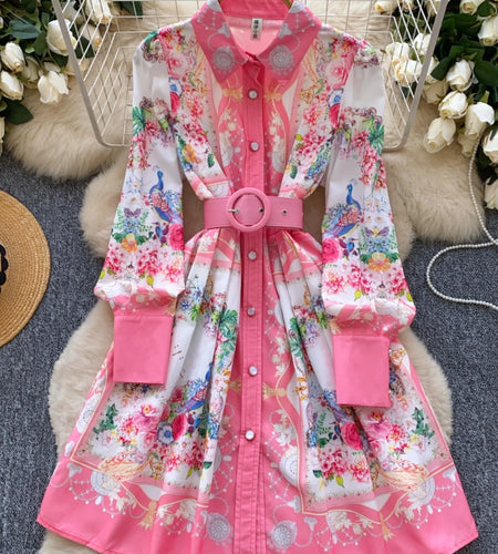 French Flower Elegant Single Breasted Long Sleeved Vacation Shirt Dress Spring Fashion Birthday Evening Party Dress Bohemian New