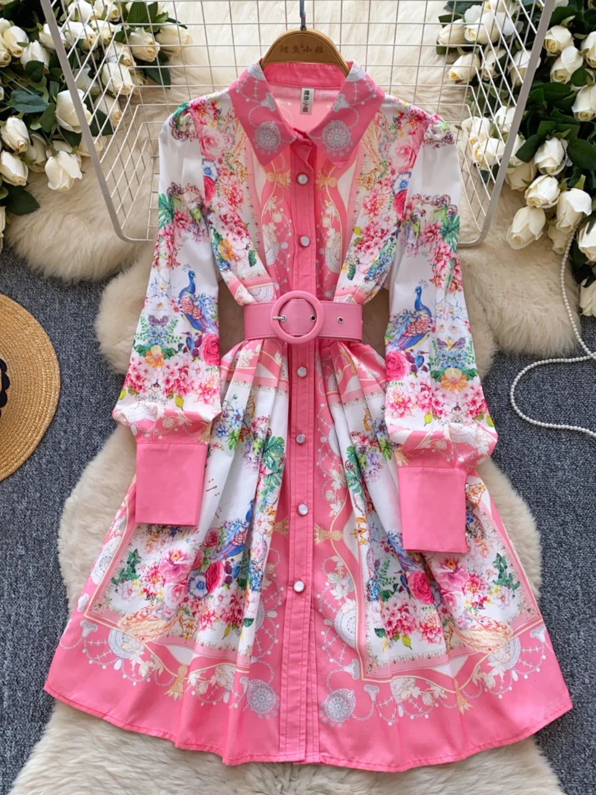 French Flower Elegant Single Breasted Long Sleeved Vacation Shirt Dress Spring Fashion Birthday Evening Party Dress Bohemian New