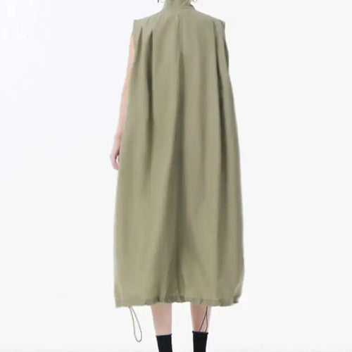 Load image into Gallery viewer, Women Green Pocket Hem Drawstring Big Size Vest Dress New Stand Collar Sleeveless Fashion Tide Spring Autumn 2025 1DJ0147
