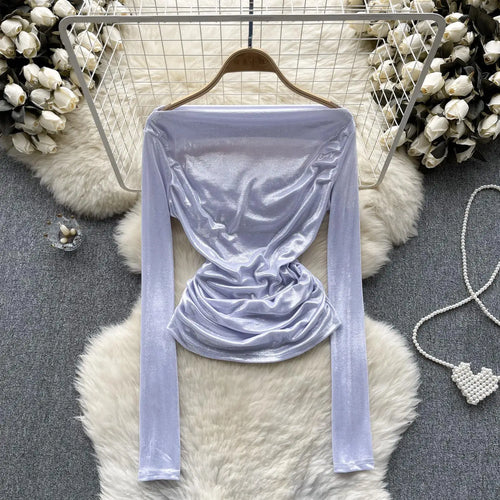 Load image into Gallery viewer, Solid Sexy Off Shoulder Long Sleeve Bright Pleated Tops Women's Autumn 2023 New Elegant Slim Versatile Bottom Shirt Trend Simple
