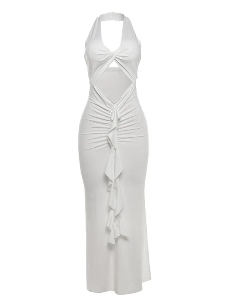 Sexy Sleeveless Hanging Neck Long Dress For Women 2024 Summer New Hollow Long Dress Pleated Backless Party Evening Dress