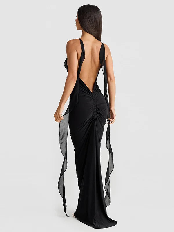 Sexy Spaghetti Strap Naked Back 3D Flower Women Dress Elegant V-neck Long Skirt Bodycon Strap Party Club Evening Dress
