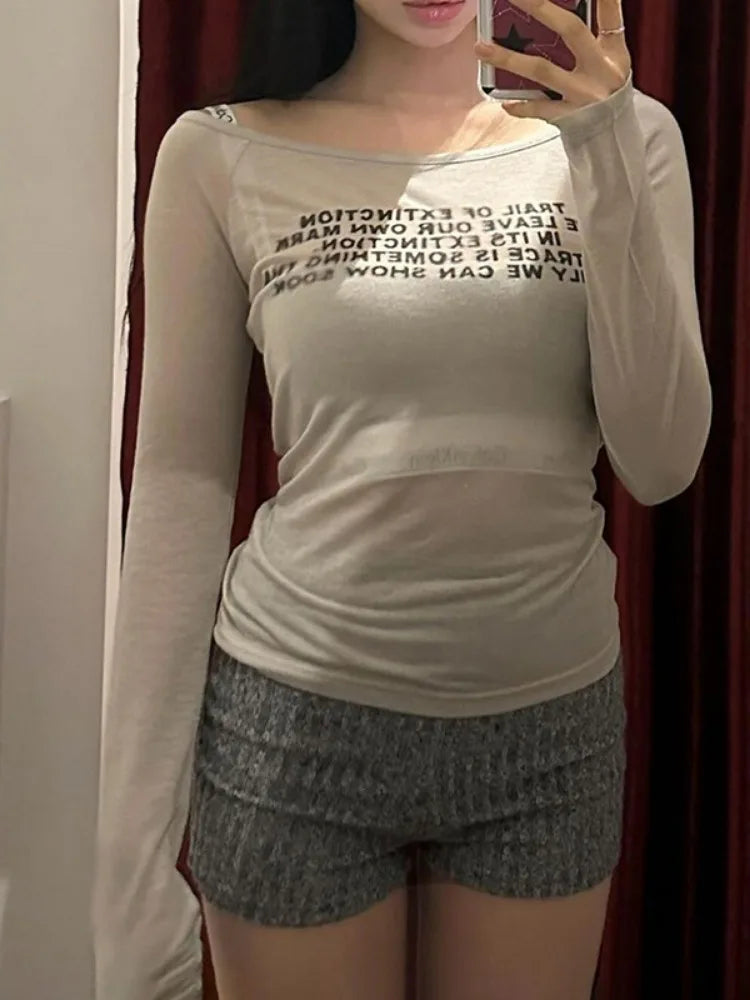 Y2k Aesthetic Vintage Letter Print Tshirts Women Harajuku Gothic Punk Basic T-shirt 2025 Streetwear Slim Bottoming Tees Femme