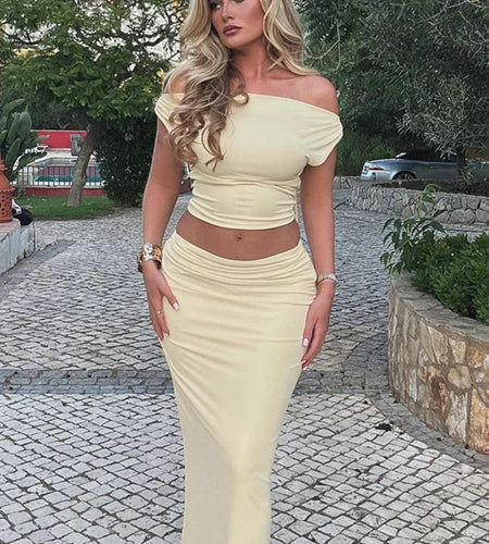 Sexy Skirt Two Pieces Sets For Women Sleeveless Slim Fit Off-shoulder Crop Top And Long Skirt Sexy Two Pieces Sets
