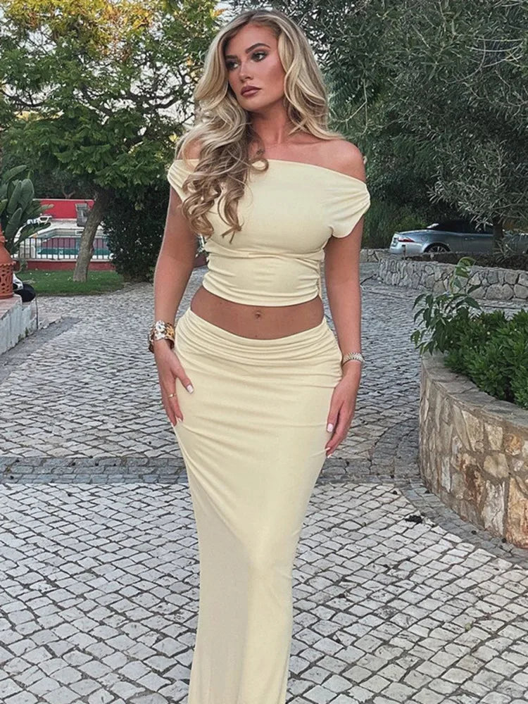 Sexy Skirt Two Pieces Sets For Women Sleeveless Slim Fit Off-shoulder Crop Top And Long Skirt Sexy Two Pieces Sets