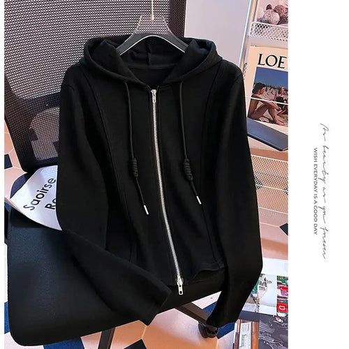Load image into Gallery viewer, Korean Fashion Women's Black Beige Festival Hooded Zipper Sweatshirt Autumn Winter Retro Grey Long Sleeve Holiday Cardigan Tops
