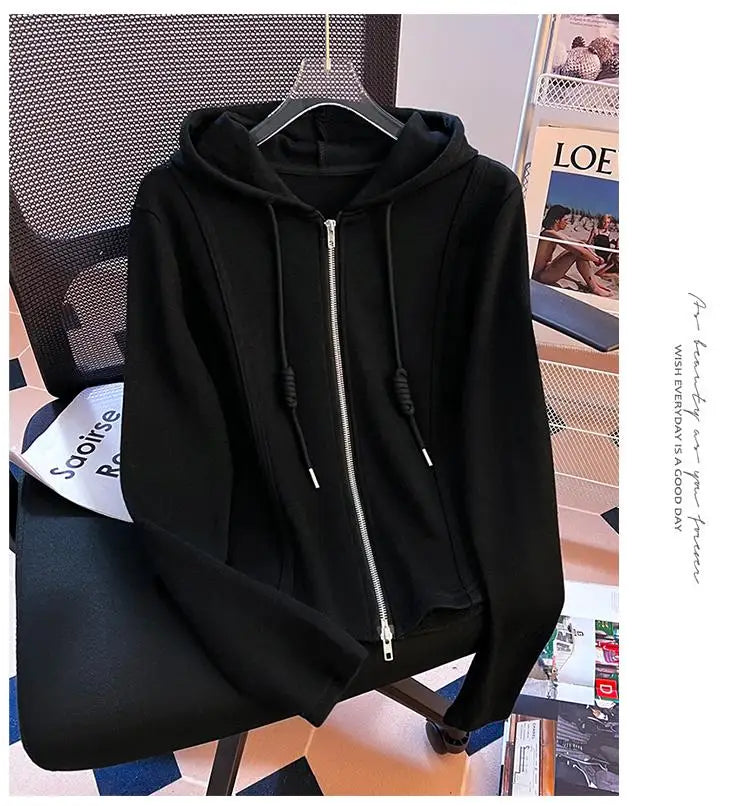 Korean Fashion Women's Black Beige Festival Hooded Zipper Sweatshirt Autumn Winter Retro Grey Long Sleeve Holiday Cardigan Tops