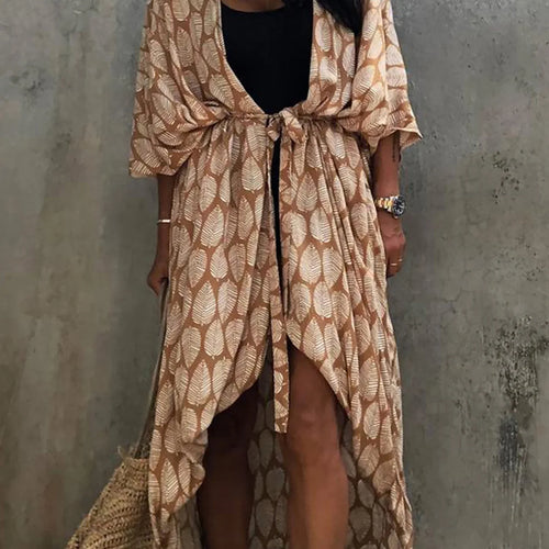 Load image into Gallery viewer, 7 Colors Leaves Printed With Belt Half Sleeve Tunic Beach Cover Up Cover-ups Beach Dress Beach Wear Beachwear Female Women V4511
