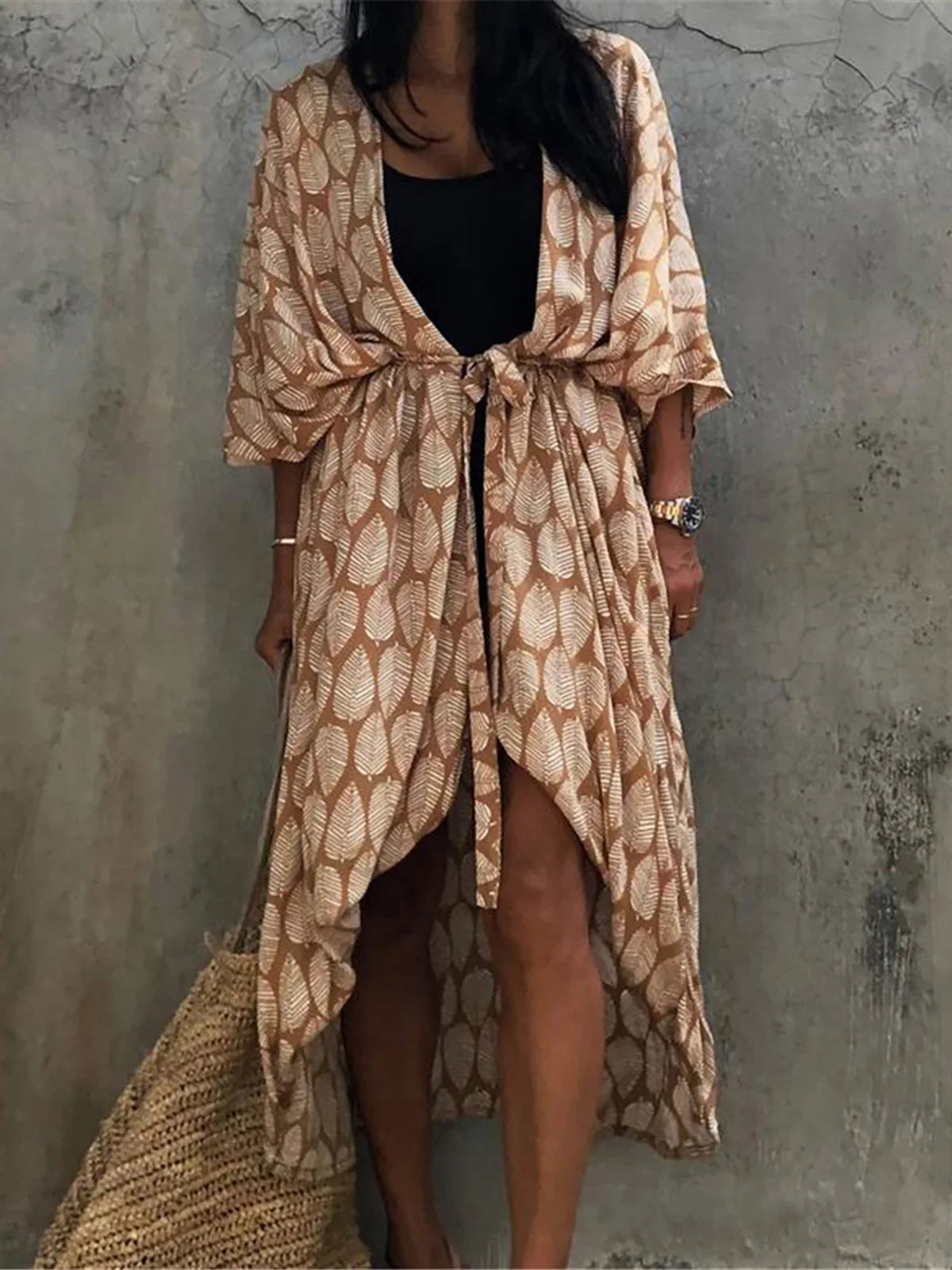 7 Colors Leaves Printed With Belt Half Sleeve Tunic Beach Cover Up Cover-ups Beach Dress Beach Wear Beachwear Female Women V4511