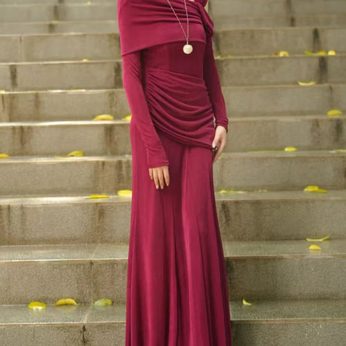 Load image into Gallery viewer, Slimming Spliced Folds Temperament Dresses for Women Diagonal Collar Long Sleeves Vintage Dress Female Clothing New
