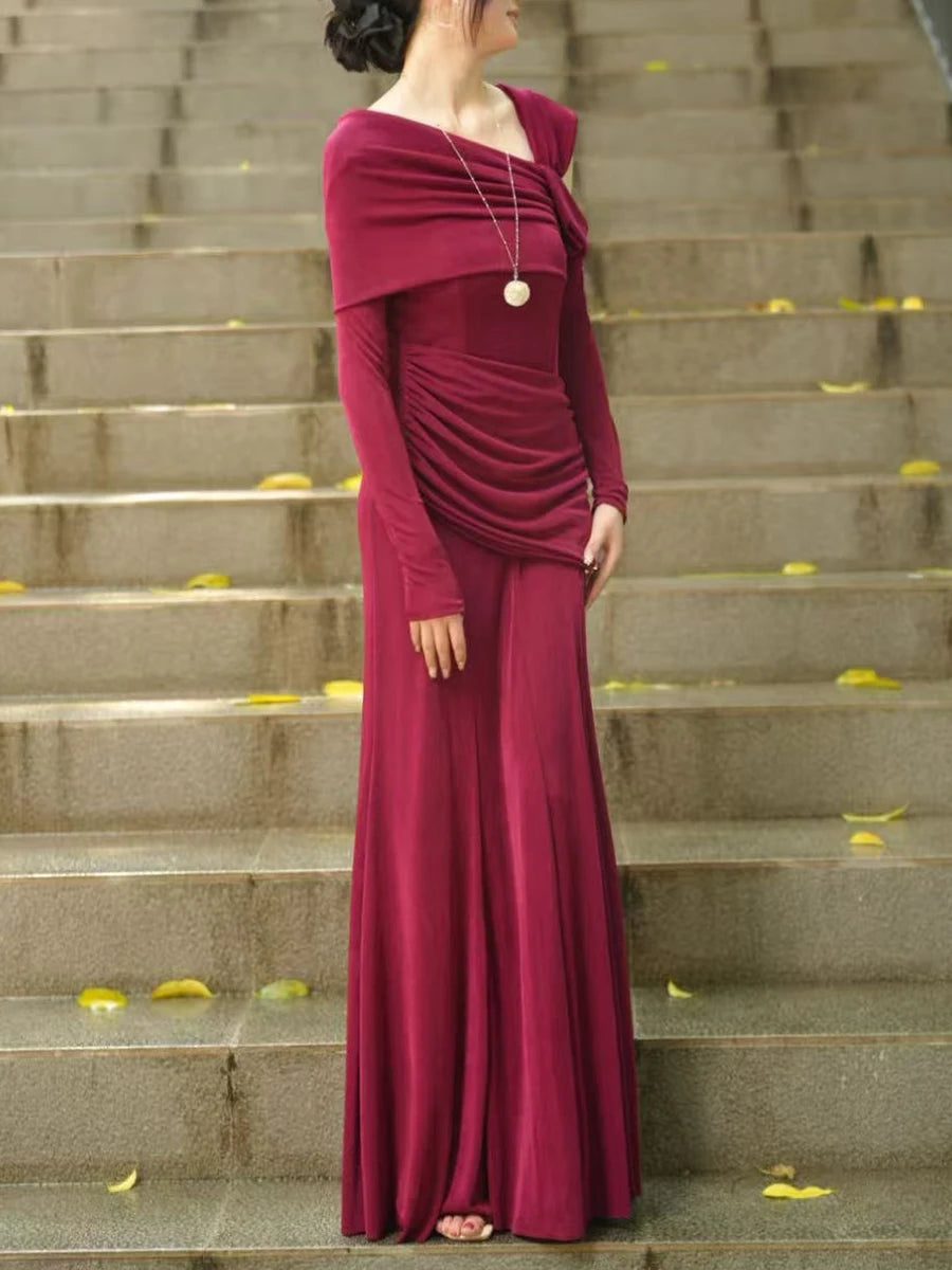 Slimming Spliced Folds Temperament Dresses for Women Diagonal Collar Long Sleeves Vintage Dress Female Clothing New