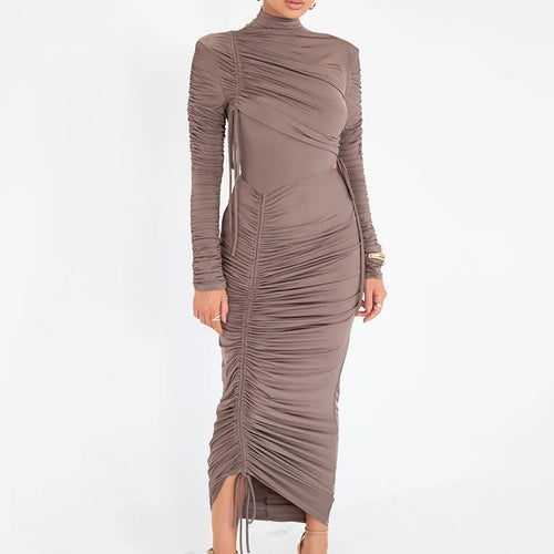Load image into Gallery viewer, Long Sleeve Ruched Sexy Maxi Dress For Women Autumn Winter New Drawstring Turtleneck Bodycon Sexy Long Dress Elegant
