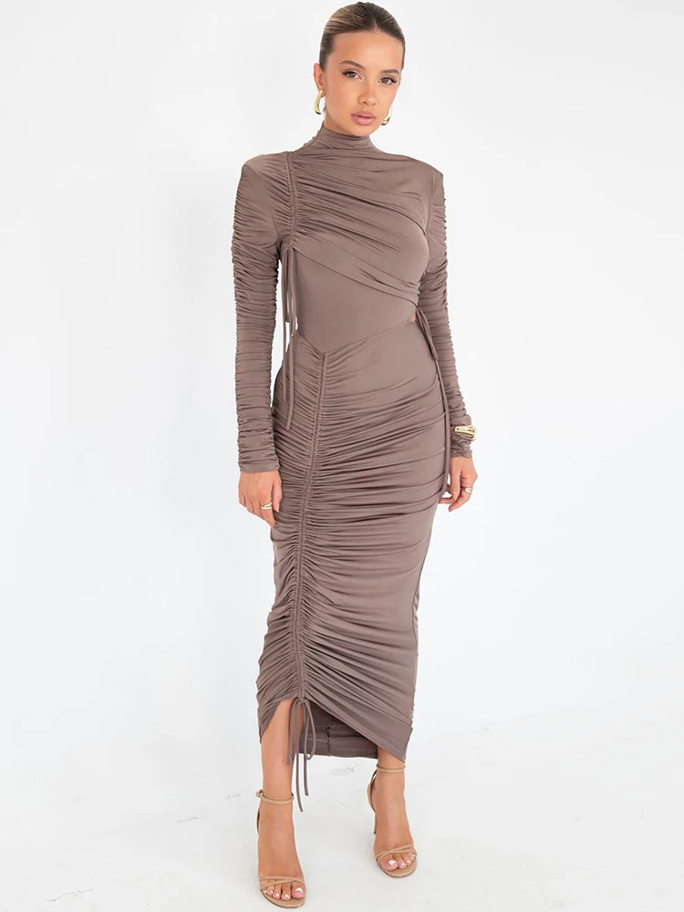 Long Sleeve Ruched Sexy Maxi Dress For Women Autumn Winter New Drawstring Turtleneck Bodycon Sexy Long Dress Elegant