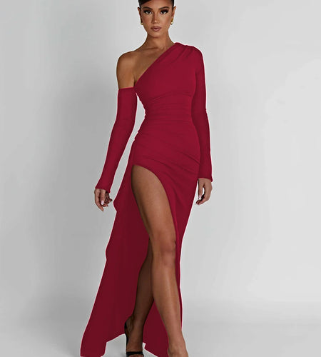 Autumn Sexy Fashion Long Sleeve High Split Women's Dress Oblique Shoulder Elegant Party Club Long Slim Fit Evening Dress