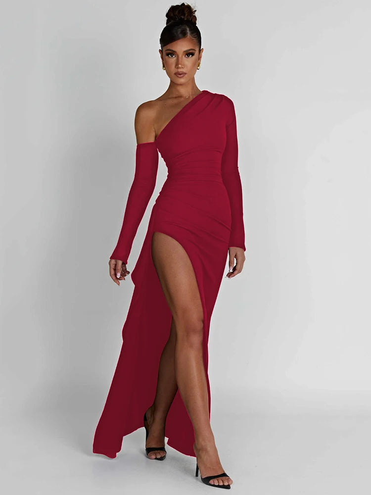 Autumn Sexy Fashion Long Sleeve High Split Women's Dress Oblique Shoulder Elegant Party Club Long Slim Fit Evening Dress