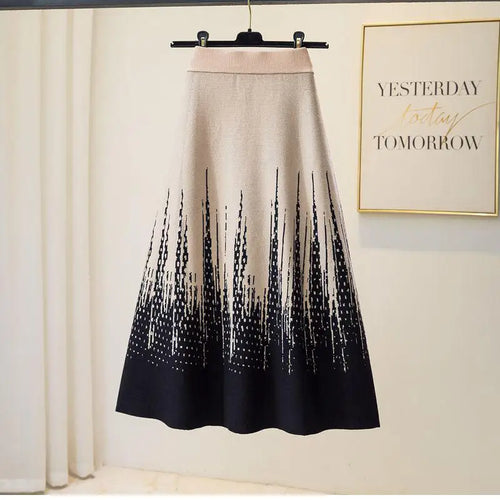 Load image into Gallery viewer, Korean Vintage 2024 Autumn Winter New Elegant Print Crochet Knit Long Skirt Women Casual Thick High Waist Pack Hip A-line Skirts
