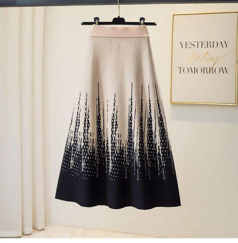 Korean Vintage 2024 Autumn Winter New Elegant Print Crochet Knit Long Skirt Women Casual Thick High Waist Pack Hip A-line Skirts