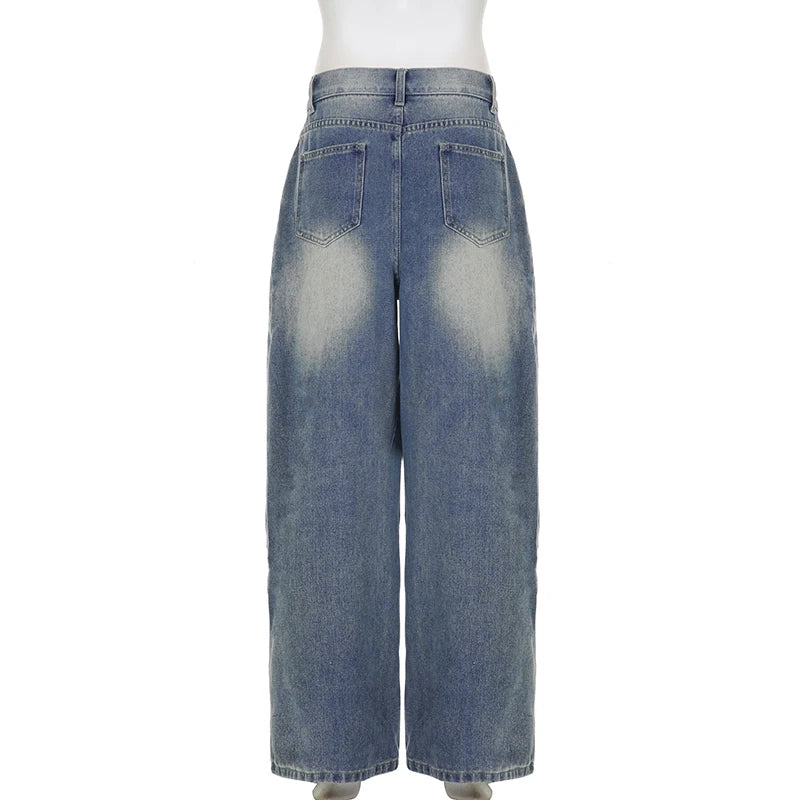 Vintage Y2K Chic Women Jeans Basic Pleated Distressed Harajuku Straight Leg Denim Trousers Bottom Korean Pants Outfit