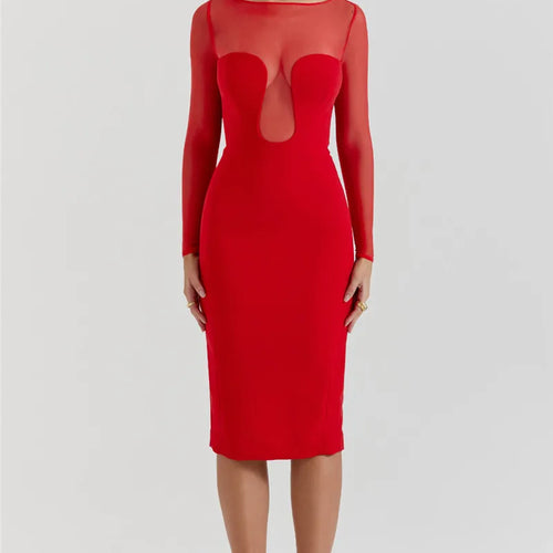 Load image into Gallery viewer, Elegant Strapless Sexy Midi Dress For Women Fashion Sheer Long Sleeve Backless Split Bodycon Club Party Sexy Long Dress

