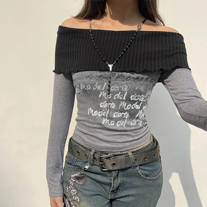 Harajuku Skinny Autumn T shirt for Women Letter Print Patched Streetwear Off Shoulder Top Tee Contrast Goth Pullovers