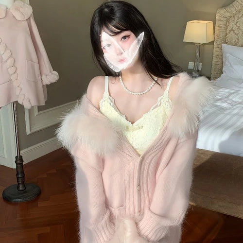 Load image into Gallery viewer, Women Fur Patchwork Hooded Grunge Cardigan Streetwear Vintage Single Breasted Solid Jackets Y2k Aesthetic Casual Loose Sweaters
