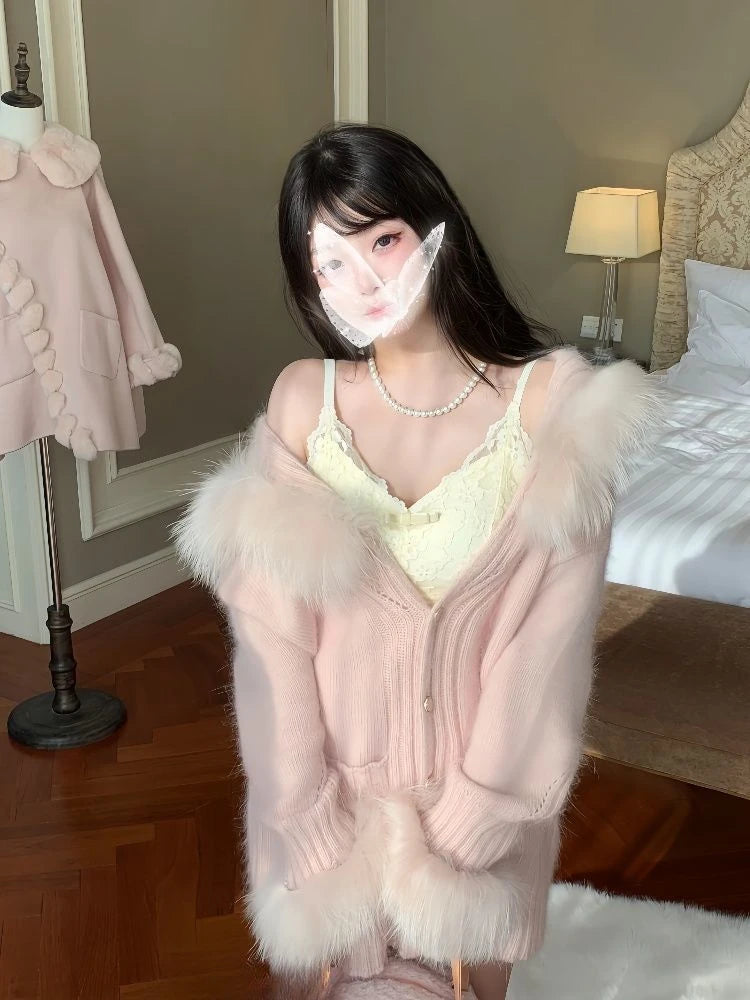 Women Fur Patchwork Hooded Grunge Cardigan Streetwear Vintage Single Breasted Solid Jackets Y2k Aesthetic Casual Loose Sweaters