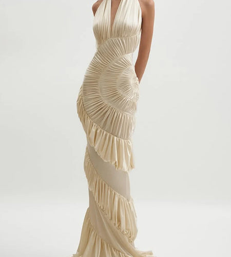 Sexy Slimming Spliced Ruffles Folds Elegant Long Dresses for Women Halter Sleeveless Temperament Dress Female New