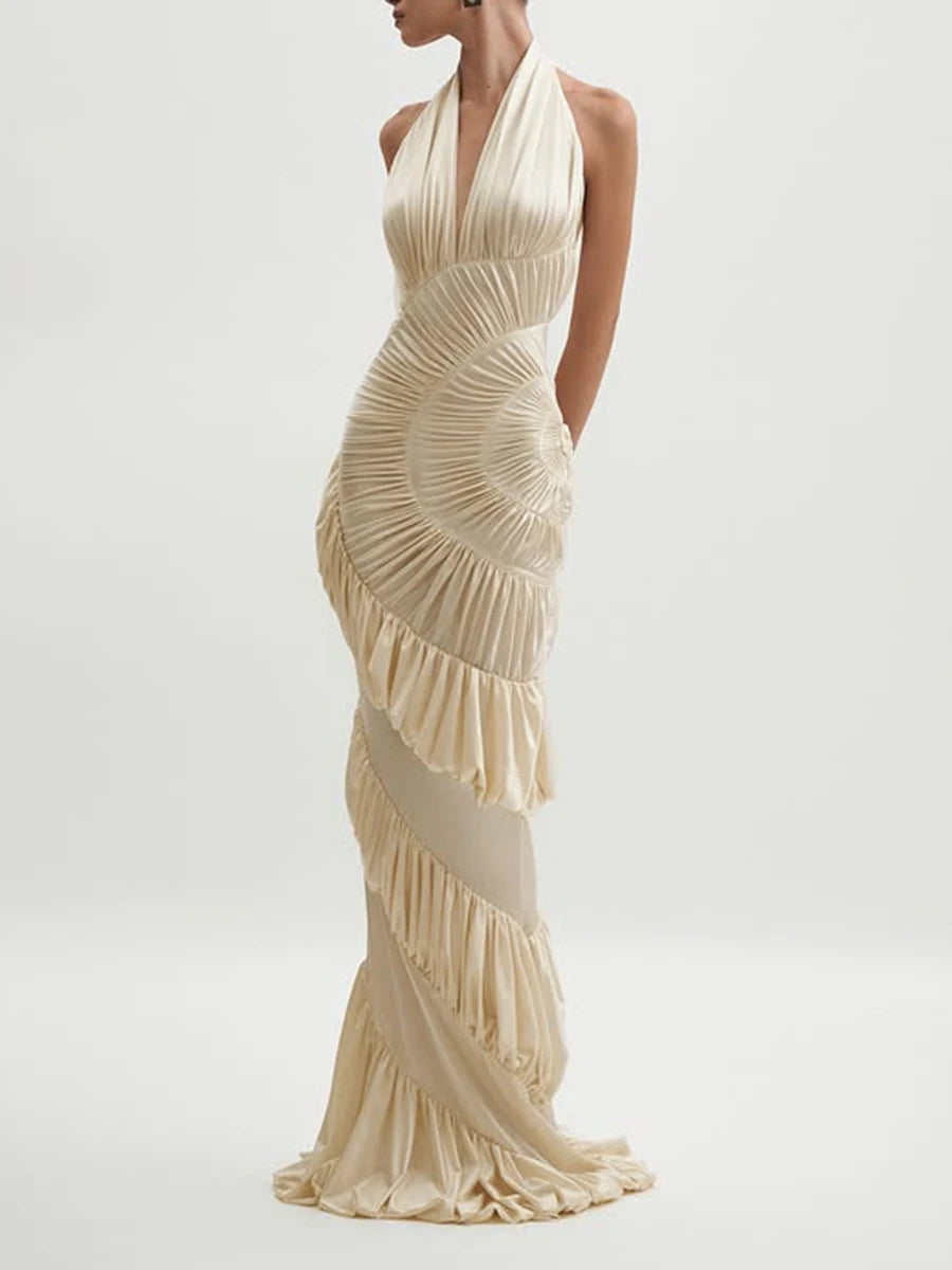 Sexy Slimming Spliced Ruffles Folds Elegant Long Dresses for Women Halter Sleeveless Temperament Dress Female New