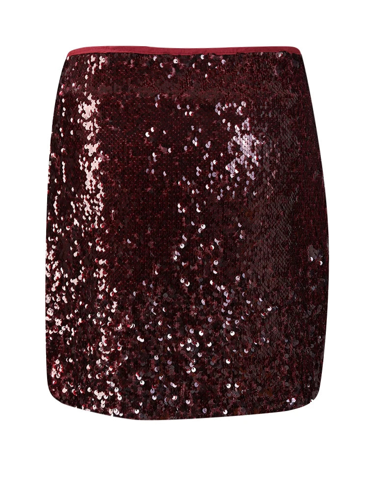 High Waist Wine Red Sequins Shining Elegant Mini Half-body Skirt Women Fashion Tide New Spring Autumn 2025 11A0892