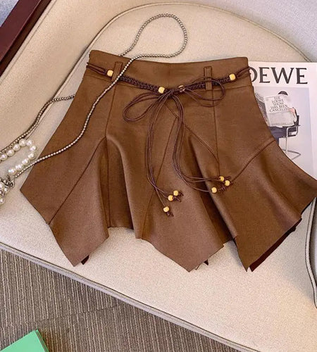 Autumn Winter Black Leather Pleated Mini Skirt Retro Woman 2024 Brown High Waist Sexy Club Bandage Irregular Short Pu Skirt Chic