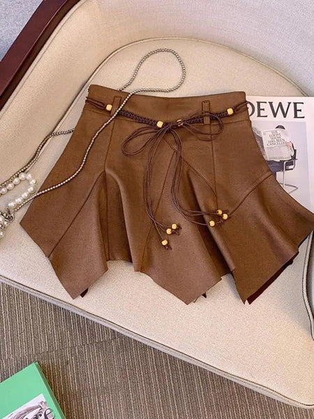 Autumn Winter Black Leather Pleated Mini Skirt Retro Woman 2024 Brown High Waist Sexy Club Bandage Irregular Short Pu Skirt Chic