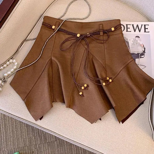 Load image into Gallery viewer, Autumn Winter Black Leather Pleated Mini Skirt Retro Woman 2024 Brown High Waist Sexy Club Bandage Irregular Short Pu Skirt Chic
