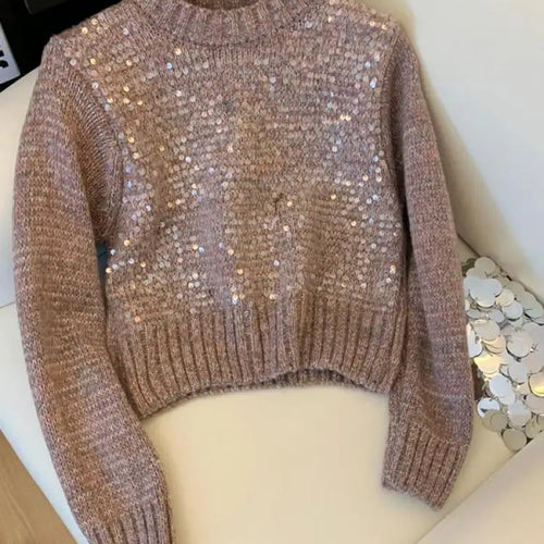 Load image into Gallery viewer, French Solid Sequins Knitted Sweater Women Autumn Winter 2023 New Fashion Long Sleeve O Neck Short Pullover Tops Casual Vintage
