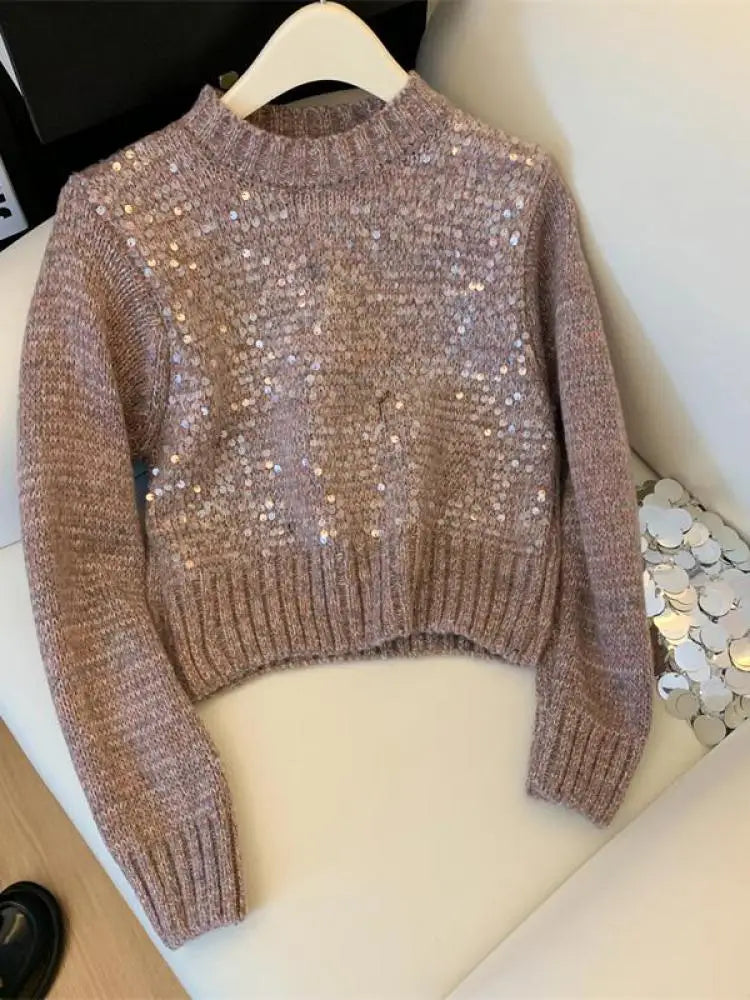 French Solid Sequins Knitted Sweater Women Autumn Winter 2023 New Fashion Long Sleeve O Neck Short Pullover Tops Casual Vintage