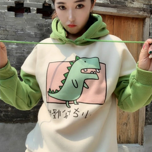 Load image into Gallery viewer, Women Dinosaur Sweatshirts Hooded Warm Fleece Hoodies Pullovers With Horns Harajuku  Girls Teens Green Hoodie
