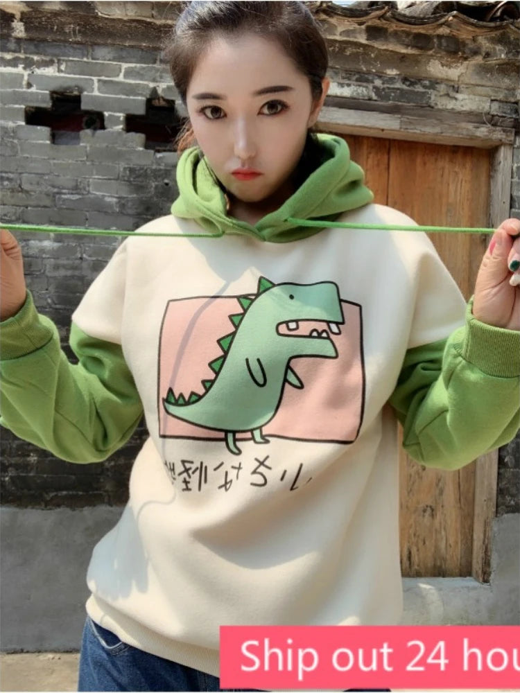 Women Dinosaur Sweatshirts Hooded Warm Fleece Hoodies Pullovers With Horns Harajuku  Girls Teens Green Hoodie