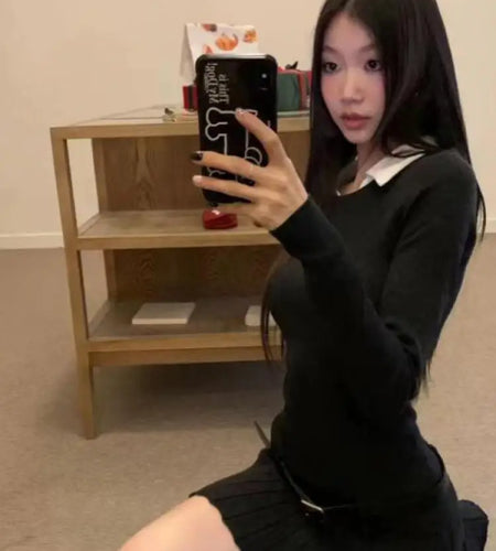 French Women Black Patchwork Slim Long Sleeve Mini Dress Autumn Winter Office Lady Elegant Pleated Short Knitted Dresses Fashion