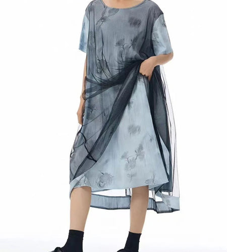 Women Blue Pattern Printed Mesh Big Size Midi Dress New Round Neck Short Sleeve Fashion Tide Spring Summer 2025 1DJ1326