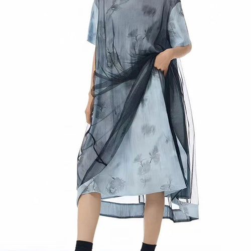 Load image into Gallery viewer, Women Blue Pattern Printed Mesh Big Size Midi Dress New Round Neck Short Sleeve Fashion Tide Spring Summer 2025 1DJ1326

