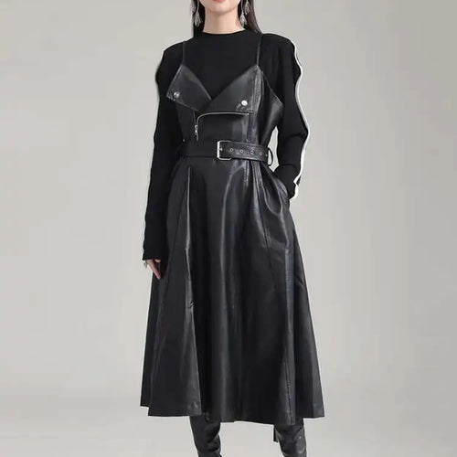 Load image into Gallery viewer, Women Black Pu Leather Belted Long A-line Dress New V-Neck Sleeveless Loose Fit Fashion Tide Spring Autumn 2025 1DH2000
