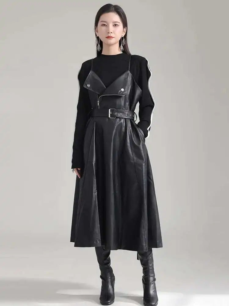 Women Black Pu Leather Belted Long A-line Dress New V-Neck Sleeveless Loose Fit Fashion Tide Spring Autumn 2025 1DH2000