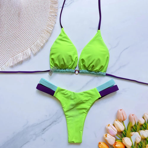 Load image into Gallery viewer, Mciro Thong Bikini Set Halter Bather Two-pieces Bathing Suit 2025 Patckwork Bikini Female Swimsuit Women Swimwear
