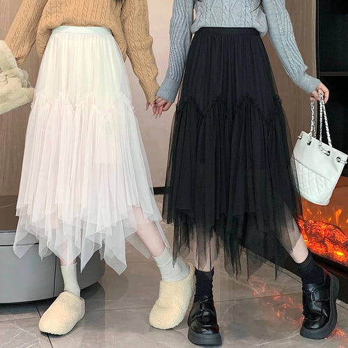 Load image into Gallery viewer, Vintage Autumn White Elegant Pleated Irregular Long Skirt For Women's Black High Waist A-line Mesh Skirts 2024 Versatile Popular
