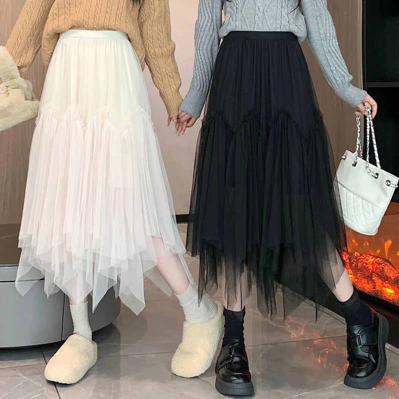 Vintage Autumn White Elegant Pleated Irregular Long Skirt For Women's Black High Waist A-line Mesh Skirts 2024 Versatile Popular