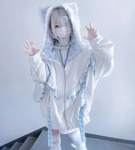 Japanese Jackets for Womens Streetwear Oversized Outwear Patchwork Plaid Ruffles Zipper Hooded Thicked Casual Fashion Y2k Tops