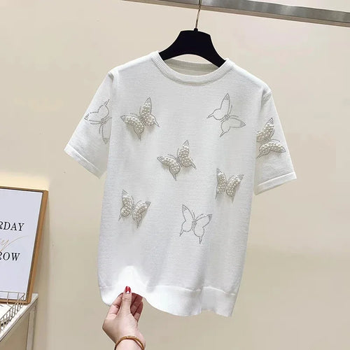 Load image into Gallery viewer, Summer O Neck Puff Short Sleeve Women T-Shirts Sweet Pearl Embroidery Female Knitted Tops Korean Chic Butterfly Beading Tees

