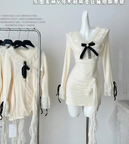 Autumn Vintage Beige Patchwork Lace V Neck Elegant Bow Short Dresses Women Long Sleeves Festival Ruffle Edge Party Dress Fashion