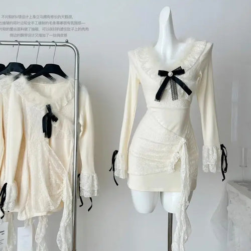 Load image into Gallery viewer, Autumn Vintage Beige Patchwork Lace V Neck Elegant Bow Short Dresses Women Long Sleeves Festival Ruffle Edge Party Dress Fashion
