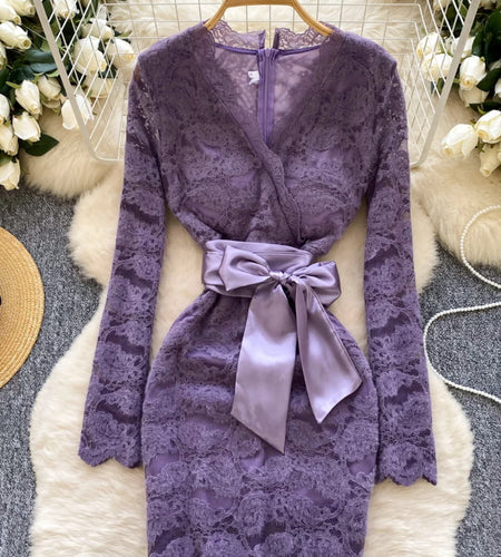 French Women Black Beige Lace Vacation Temperament Bow Bandage Short Dress Spring V Neck High Waist Sexy Party Dress Popular New